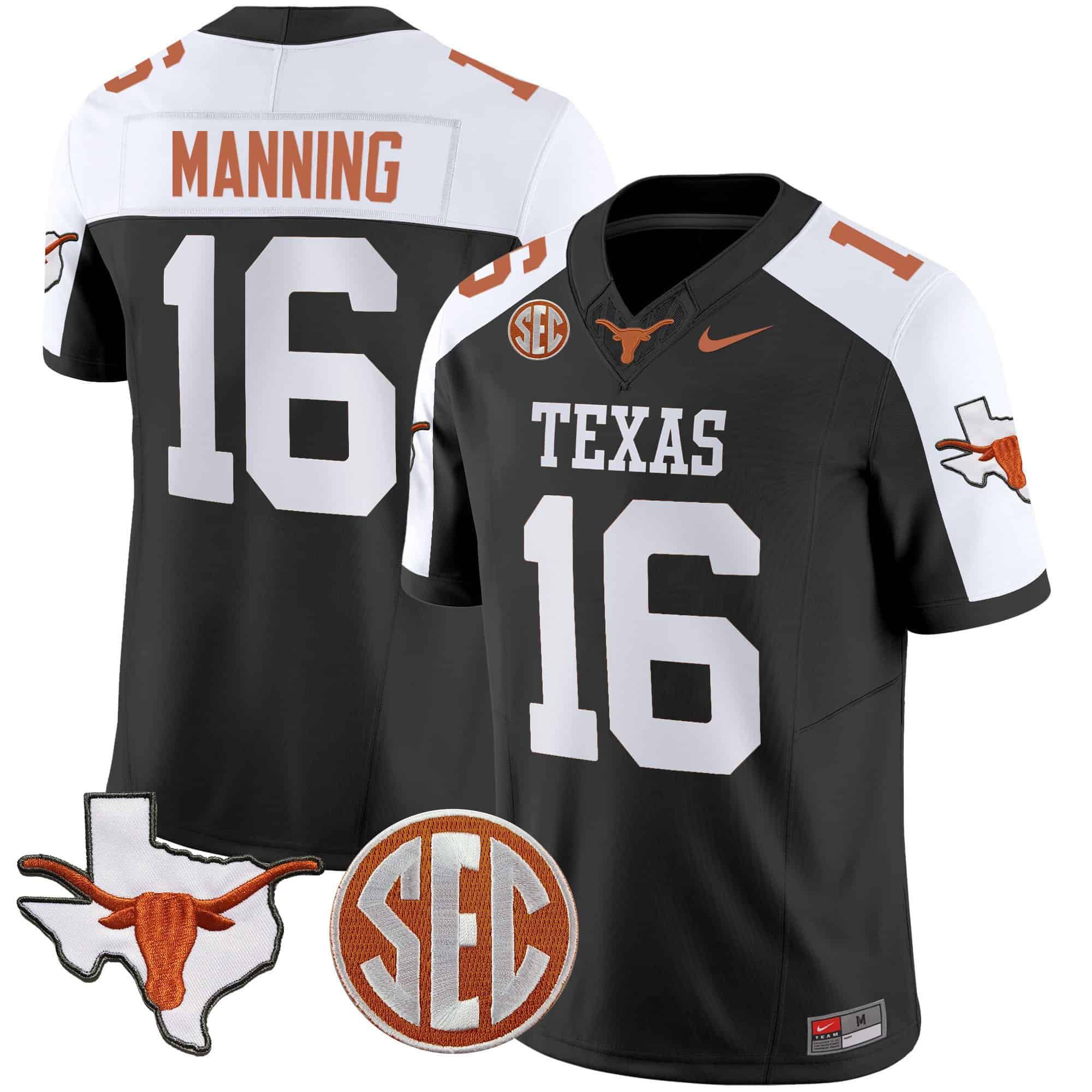 Men Texas Longhorns 16 Manning Black 2024 Nike State Map & SEC Patch Vapor NCAA Jersey
